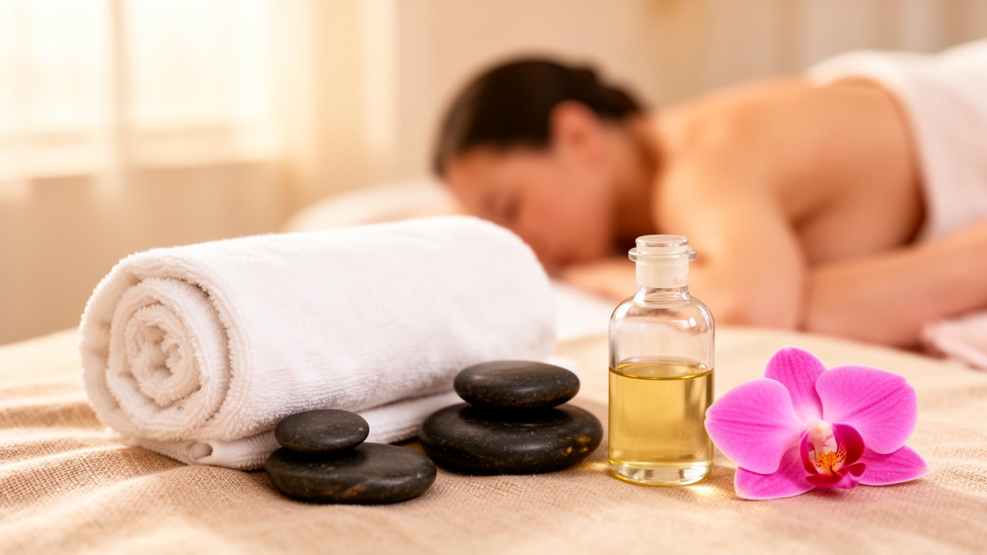 Calm massage setting with towel, stones, oil and orchid